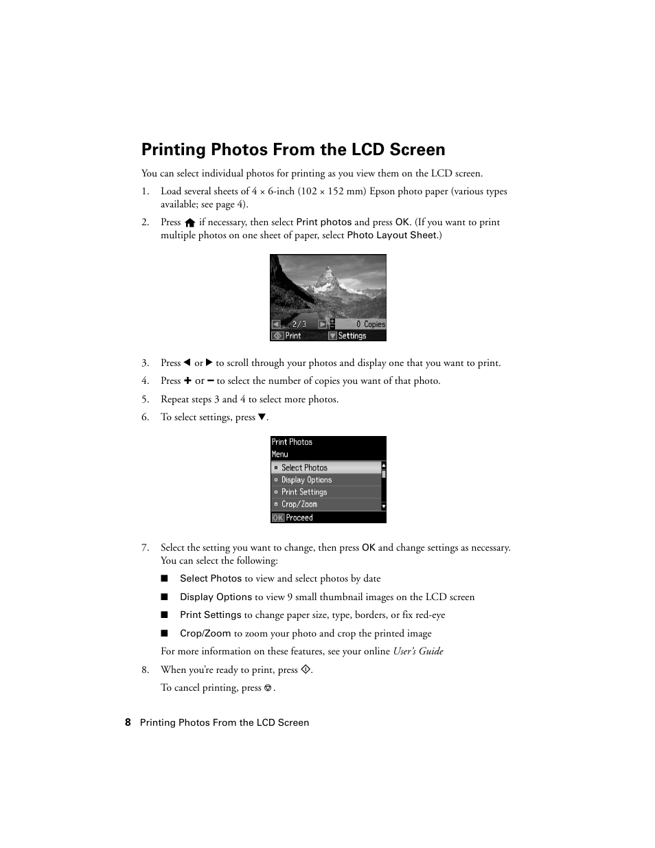 Printing photos from the lcd screen | Epson NX430 User Manual | Page 8 / 32