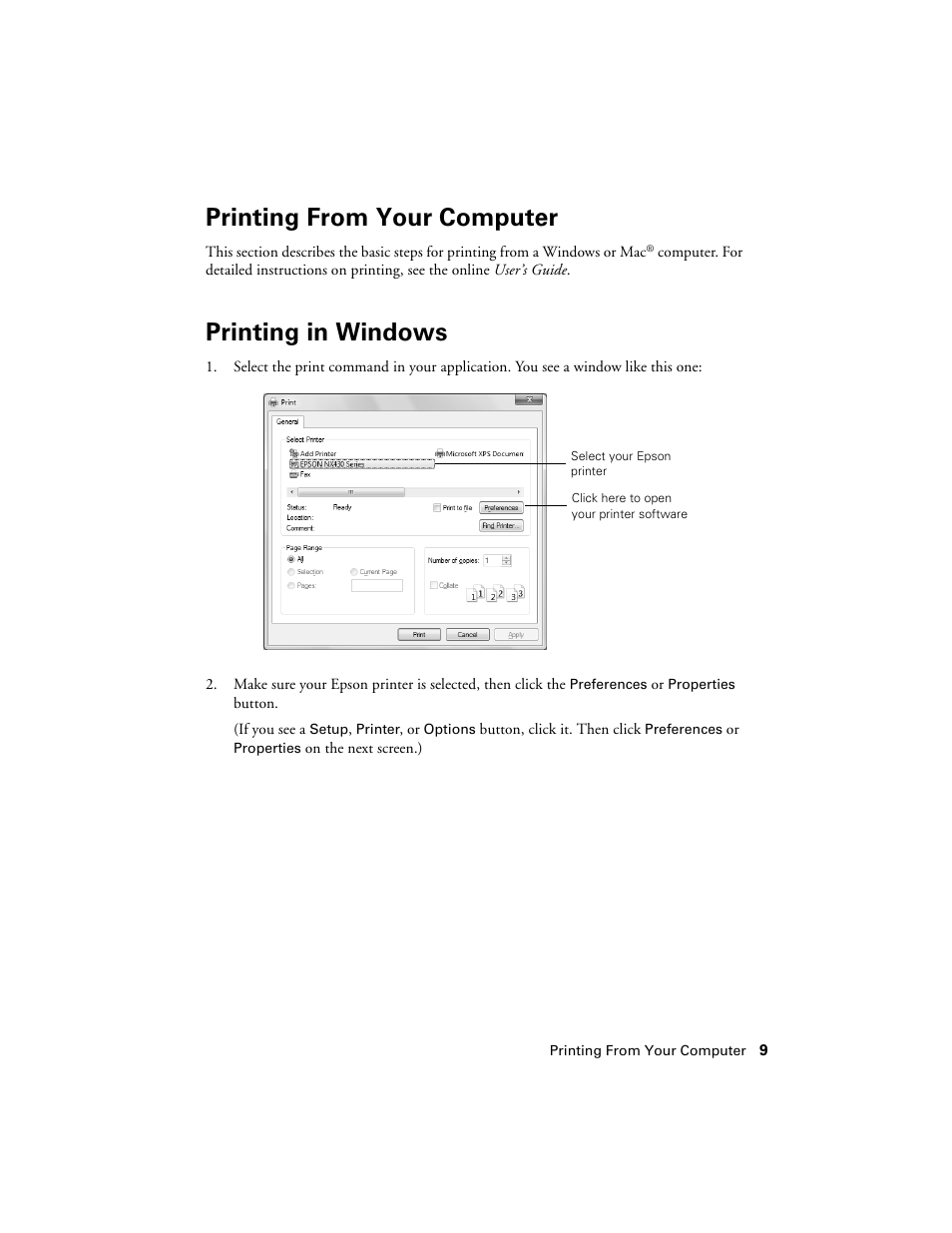 Printing from your computer, Printing in windows | Epson NX430 User Manual | Page 9 / 32