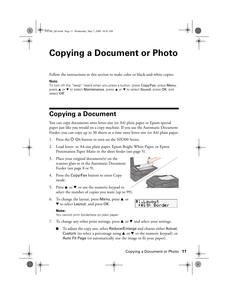Copying a document or photo, Copying a document | Epson Stylus NX300 User Manual | Page 11 / 56
