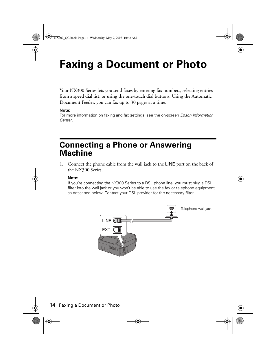 Faxing a document or photo, Connecting a phone or answering machine | Epson Stylus NX300 User Manual | Page 14 / 56