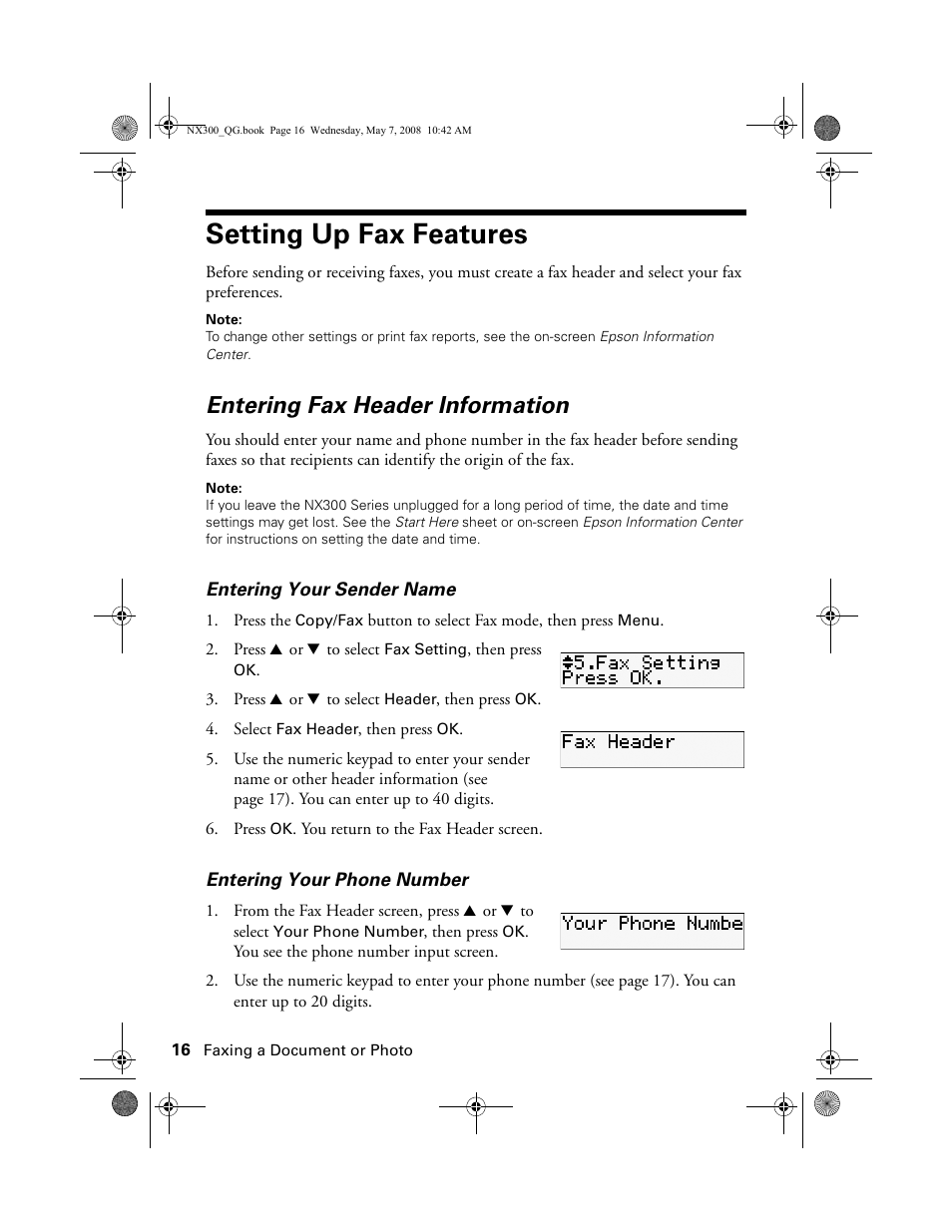 Setting up fax features, Entering fax header information | Epson Stylus NX300 User Manual | Page 16 / 56