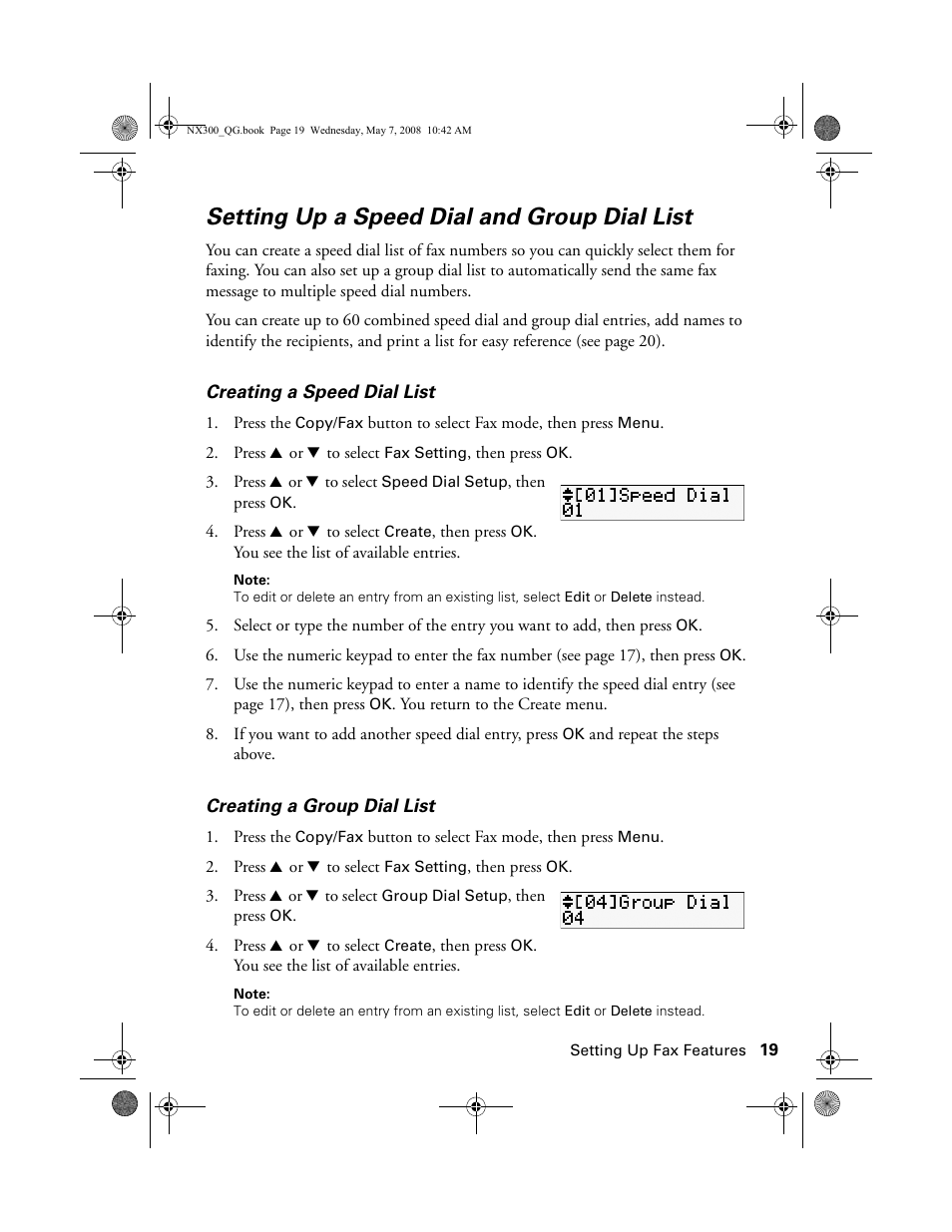 Setting up a speed dial and group dial list | Epson Stylus NX300 User Manual | Page 19 / 56