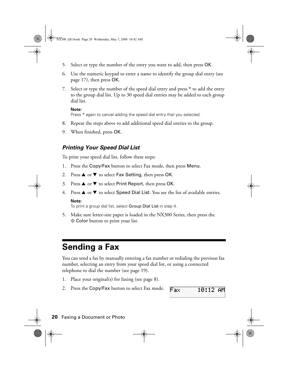 Sending a fax | Epson Stylus NX300 User Manual | Page 20 / 56