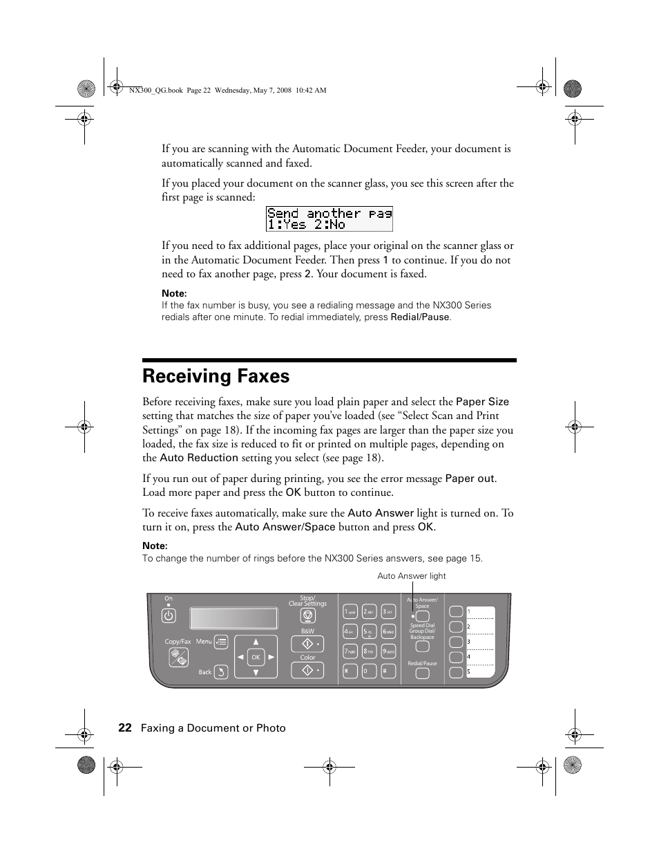 Receiving faxes | Epson Stylus NX300 User Manual | Page 22 / 56