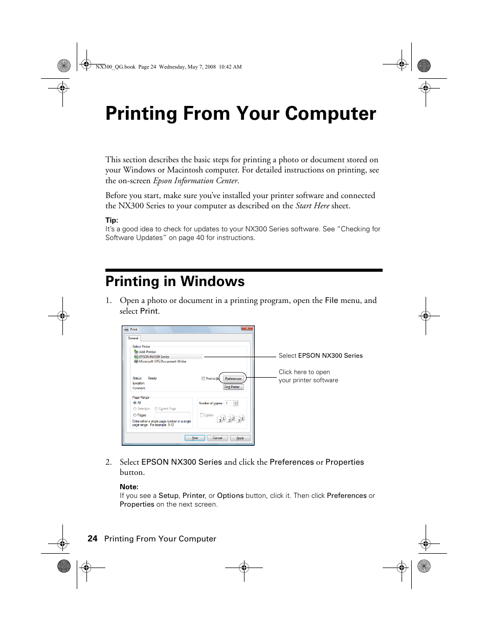 Printing from your computer, Printing in windows | Epson Stylus NX300 User Manual | Page 24 / 56
