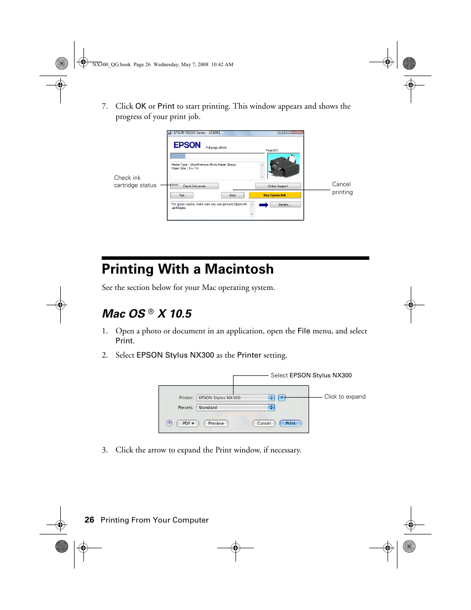 Printing with a macintosh, Mac os, X 10.5 | Epson Stylus NX300 User Manual | Page 26 / 56