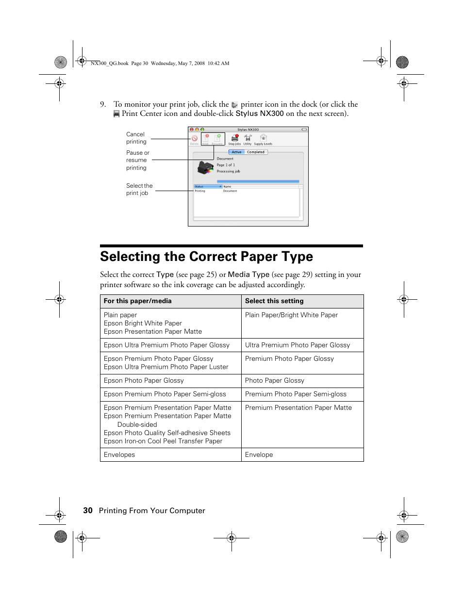 Selecting the correct paper type | Epson Stylus NX300 User Manual | Page 30 / 56
