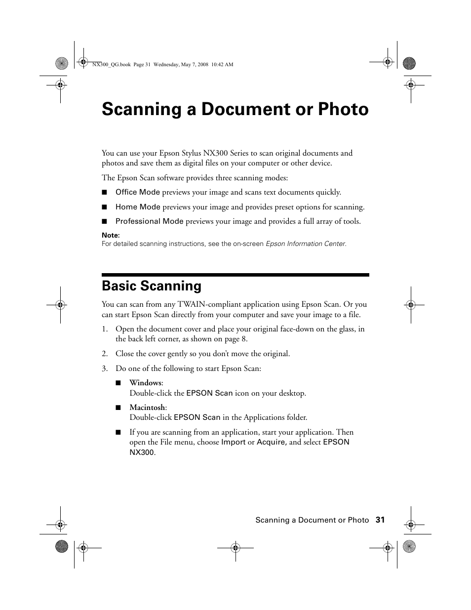 Basic scanning, Scanning a document or photo | Epson Stylus NX300 User Manual | Page 31 / 56