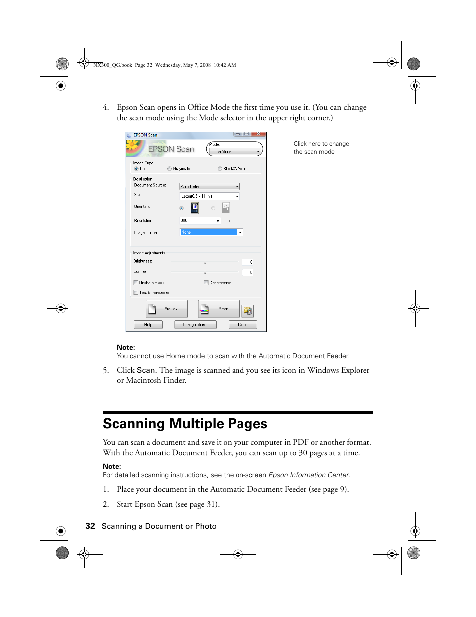 Scanning multiple pages | Epson Stylus NX300 User Manual | Page 32 / 56