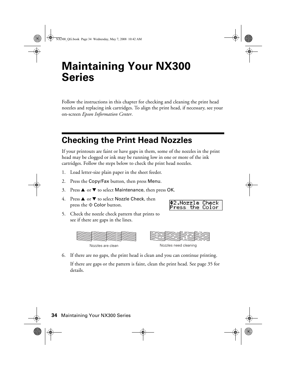 Checking the print head nozzles, Maintaining your nx300 series | Epson Stylus NX300 User Manual | Page 34 / 56
