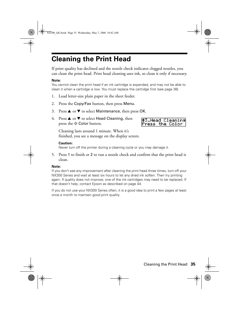 Cleaning the print head | Epson Stylus NX300 User Manual | Page 35 / 56