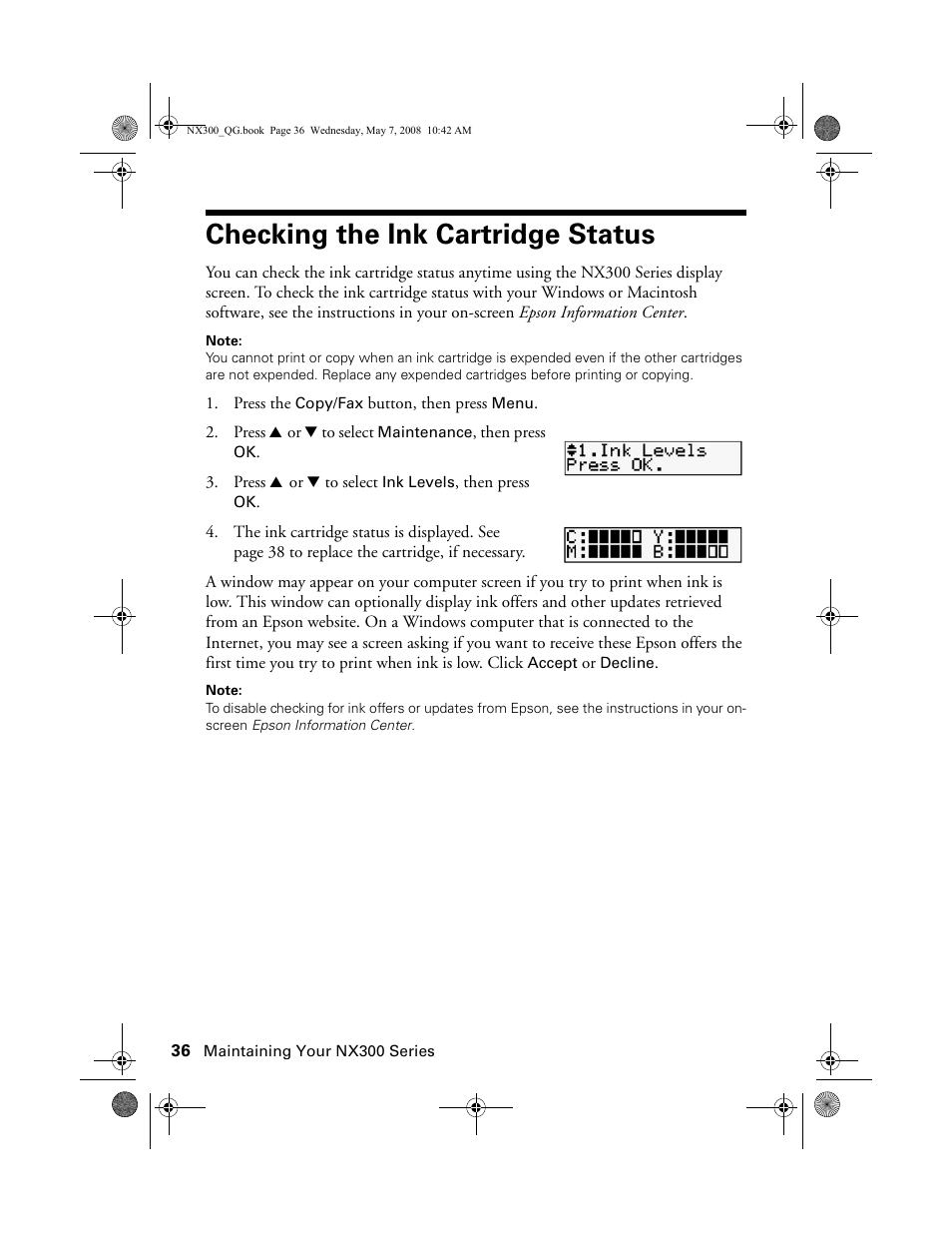 Checking the ink cartridge status | Epson Stylus NX300 User Manual | Page 36 / 56