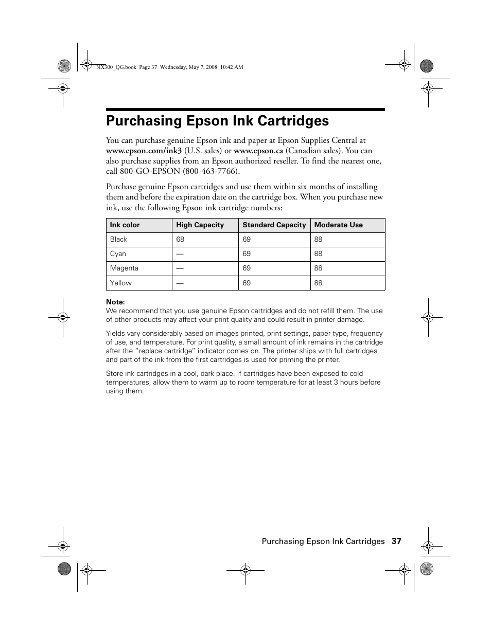 Purchasing epson ink cartridges | Epson Stylus NX300 User Manual | Page 37 / 56