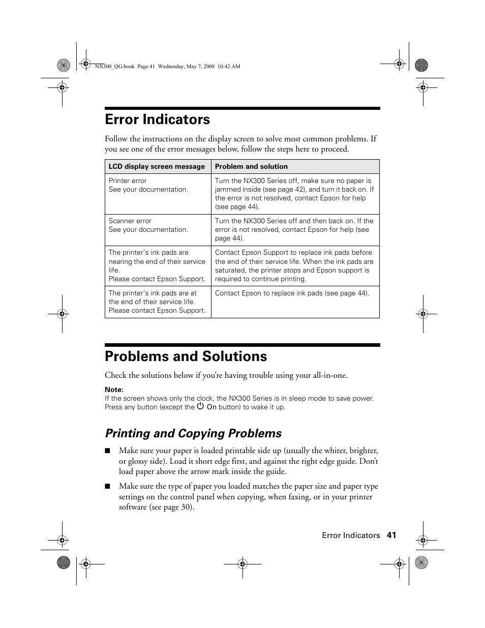Error indicators, Problems and solutions, Printing and copying problems | Error indicators problems and solutions | Epson Stylus NX300 User Manual | Page 41 / 56