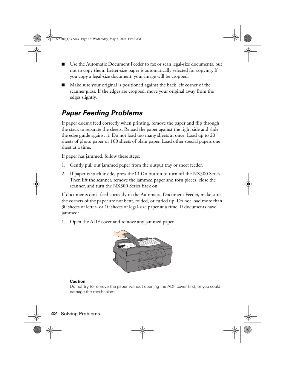 Paper feeding problems | Epson Stylus NX300 User Manual | Page 42 / 56