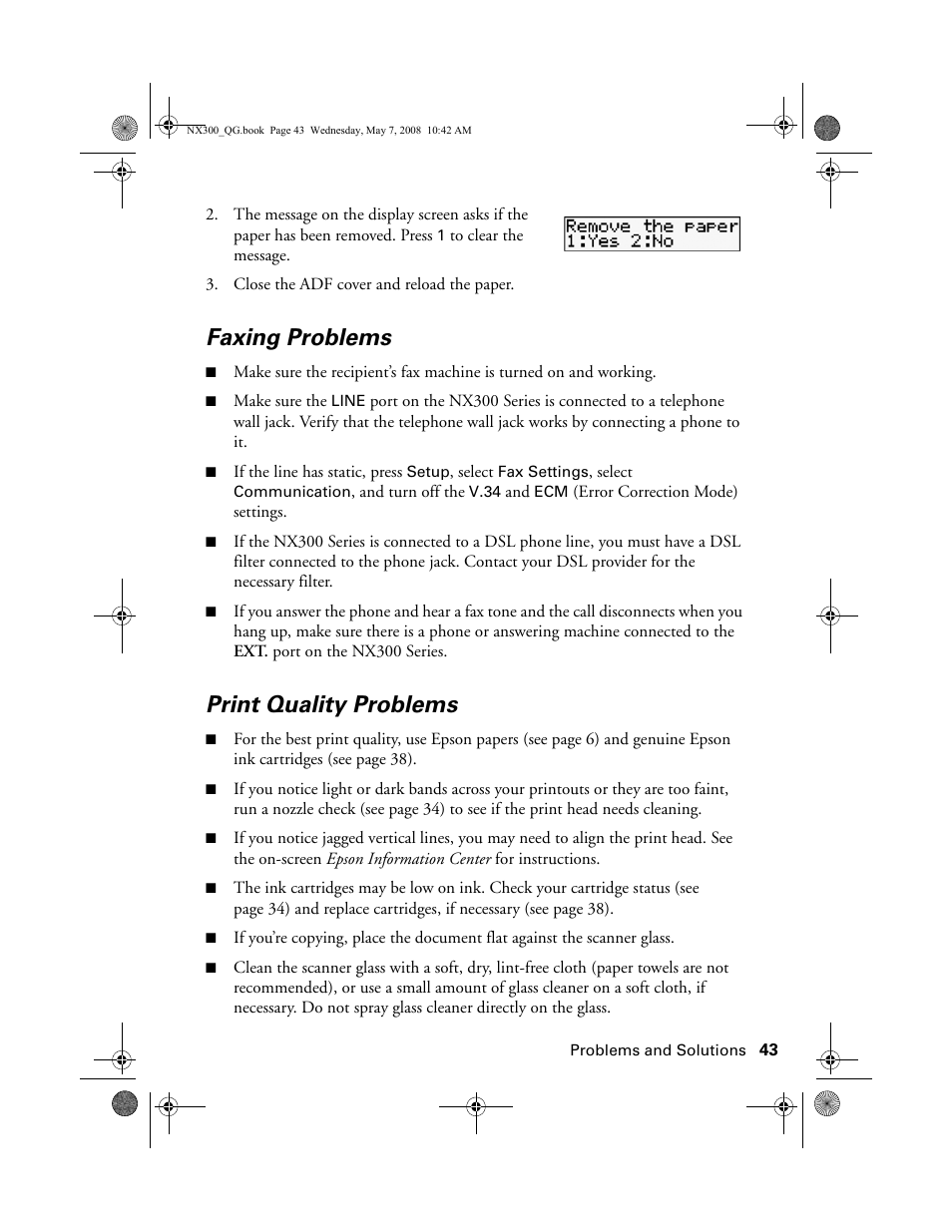 Faxing problems, Print quality problems | Epson Stylus NX300 User Manual | Page 43 / 56