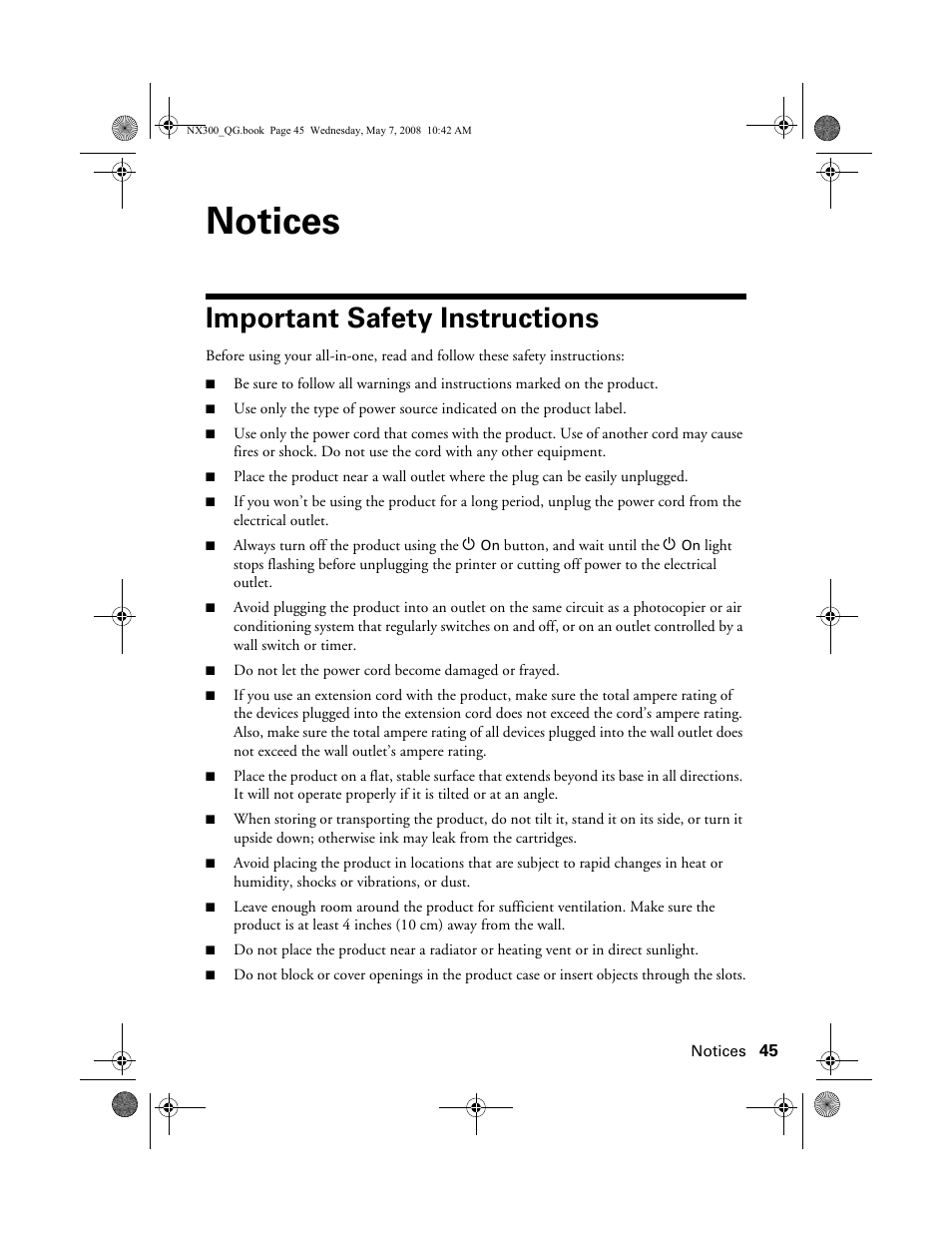 Notices, Important safety instructions | Epson Stylus NX300 User Manual | Page 45 / 56