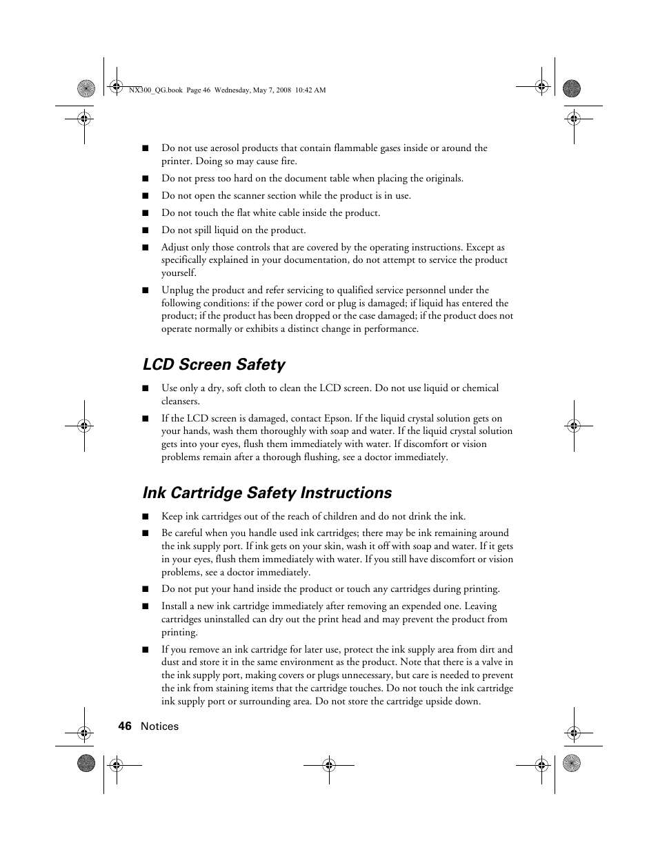Lcd screen safety, Ink cartridge safety instructions | Epson Stylus NX300 User Manual | Page 46 / 56