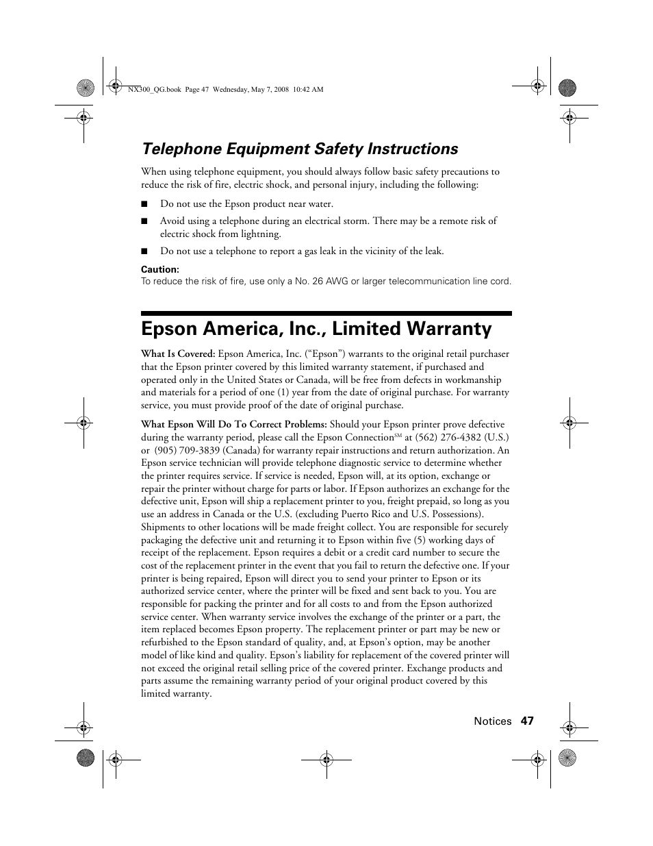 Telephone equipment safety instructions, Epson america, inc., limited warranty, Warranty | Epson Stylus NX300 User Manual | Page 47 / 56