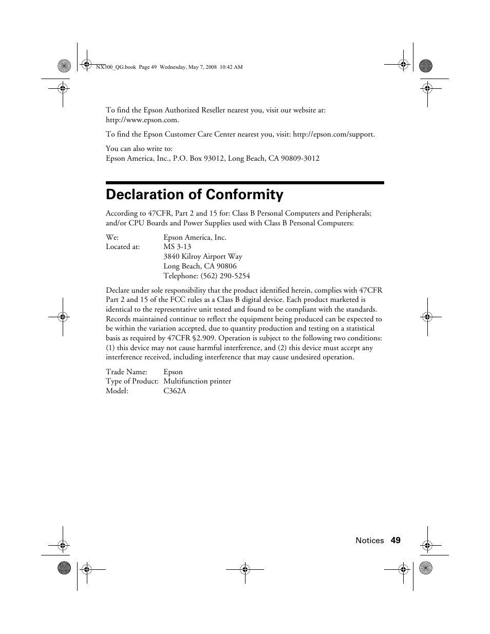 Declaration of conformity | Epson Stylus NX300 User Manual | Page 49 / 56
