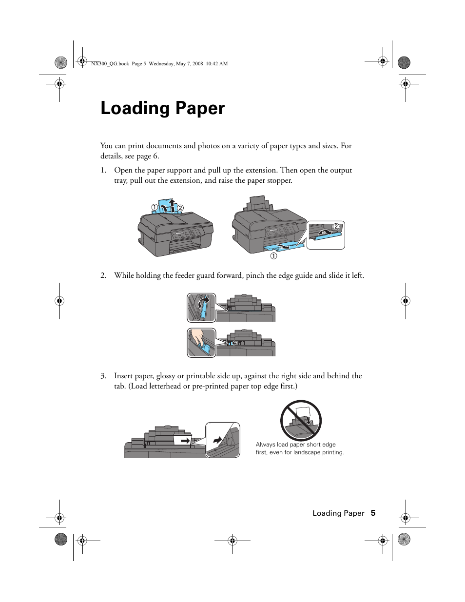 Loading paper | Epson Stylus NX300 User Manual | Page 5 / 56