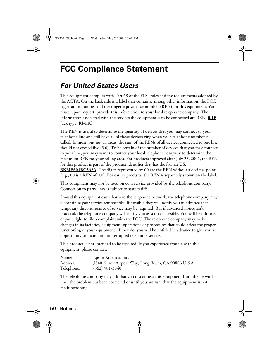 Fcc compliance statement, For united states users | Epson Stylus NX300 User Manual | Page 50 / 56
