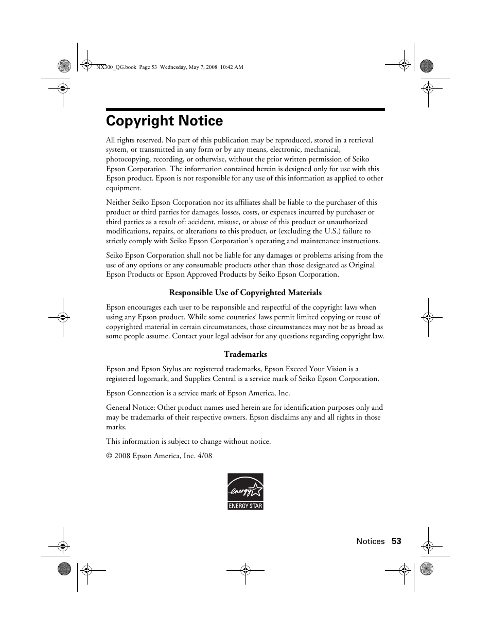 Copyright notice | Epson Stylus NX300 User Manual | Page 53 / 56