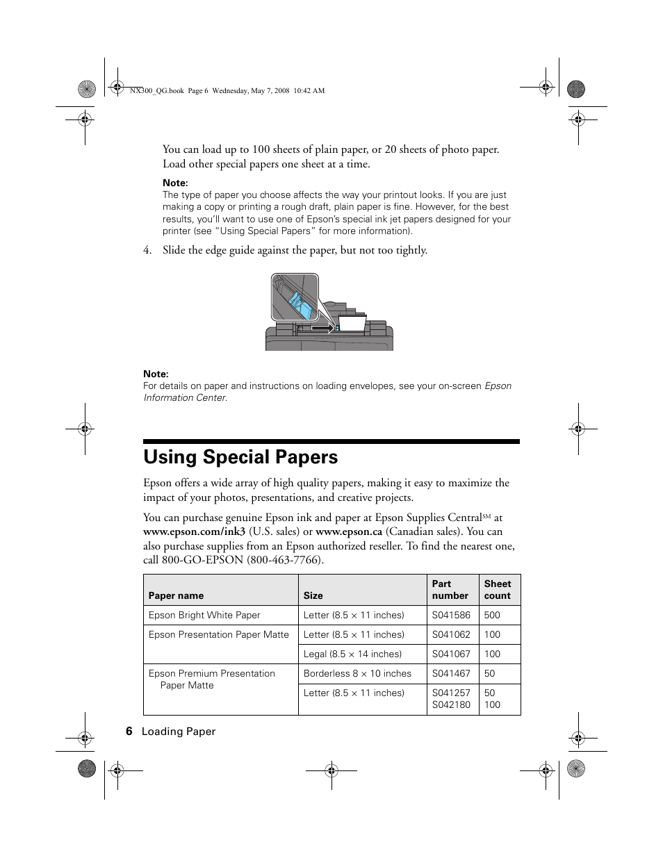 Using special papers | Epson Stylus NX300 User Manual | Page 6 / 56