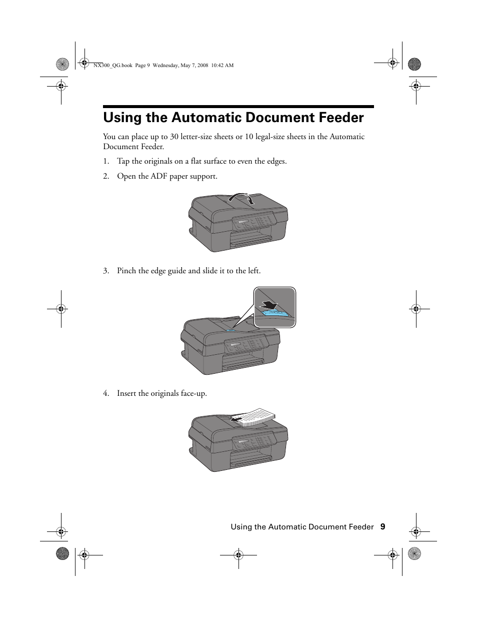 Using the automatic document feeder | Epson Stylus NX300 User Manual | Page 9 / 56
