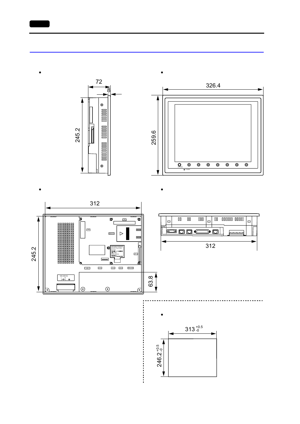 V712/v712i external view and dimensions, V712/v712i external view and dimensions -16, 16 5. dimensions and panel cut-out | Unit: mm) | Hakko MONITOUCH V7 series User Manual | Page 33 / 344