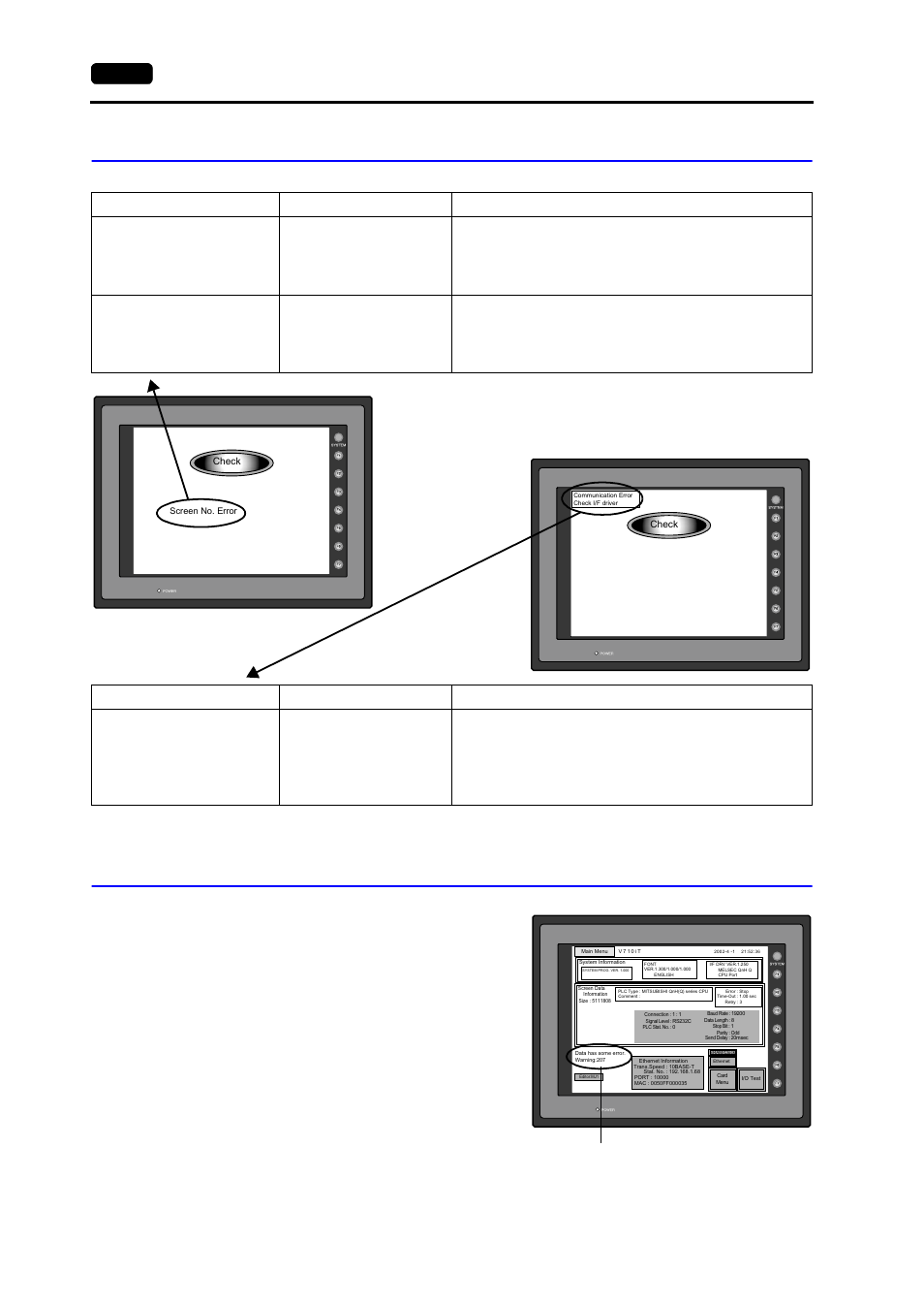 Check, Warning, Check -36 | Warning -36, Check 3. warning, 36 3. errors displayed on the v7 series, Warning message | Hakko MONITOUCH V7 series User Manual | Page 93 / 344