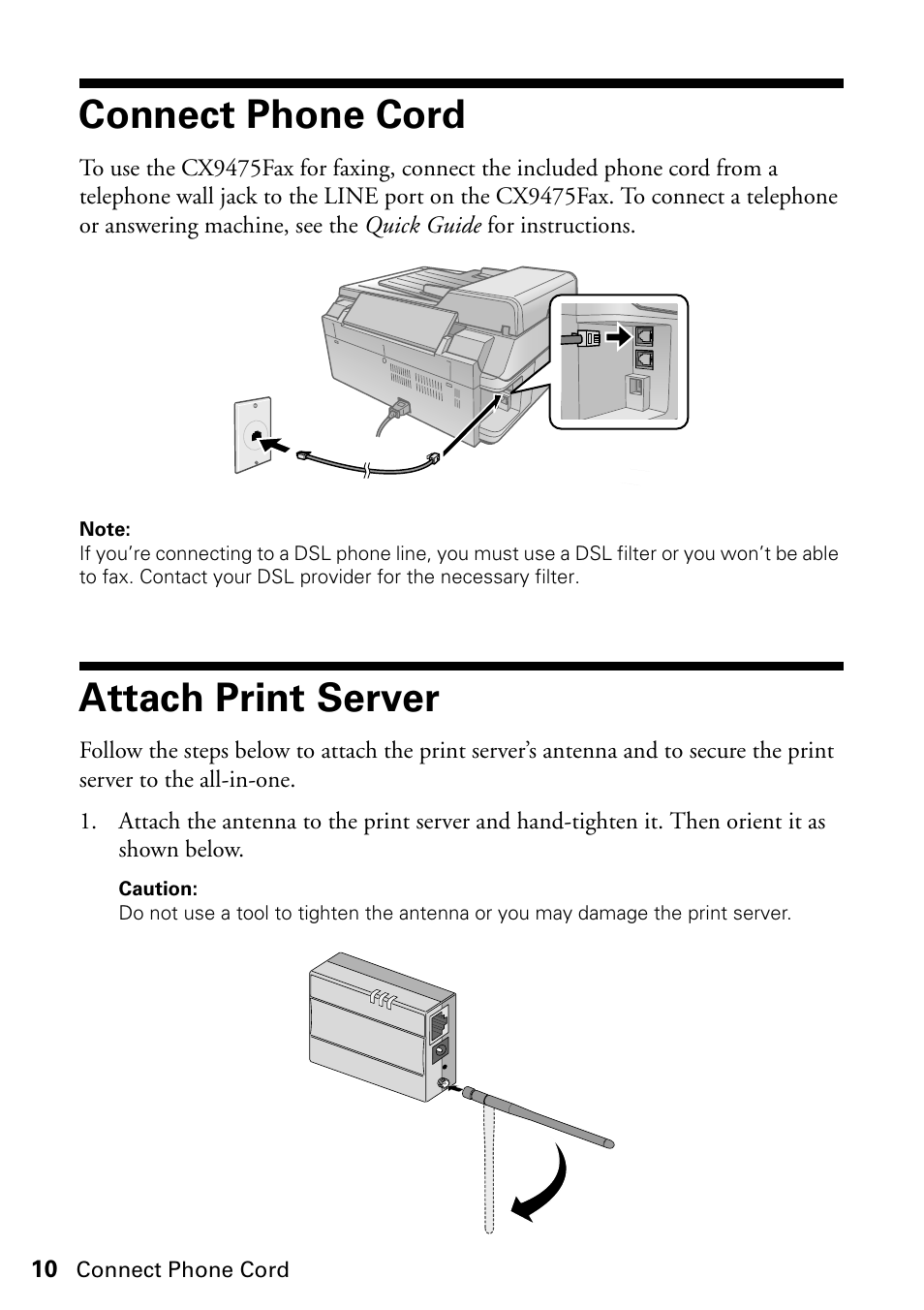Connect phone cord, Attach print server | Epson Stylus CX9475Fax User Manual | Page 10 / 24