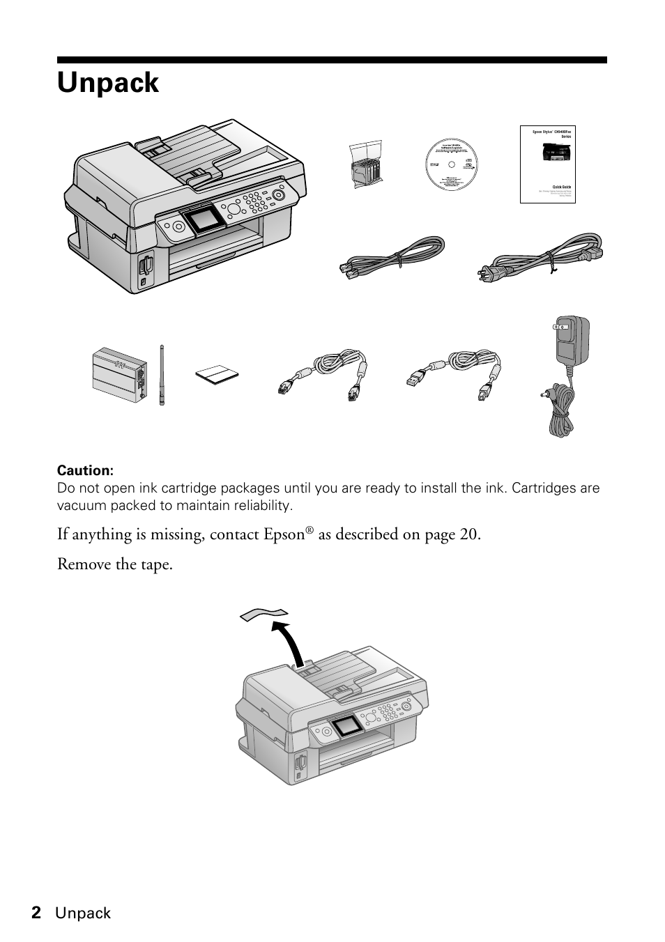 Unpack | Epson Stylus CX9475Fax User Manual | Page 2 / 24