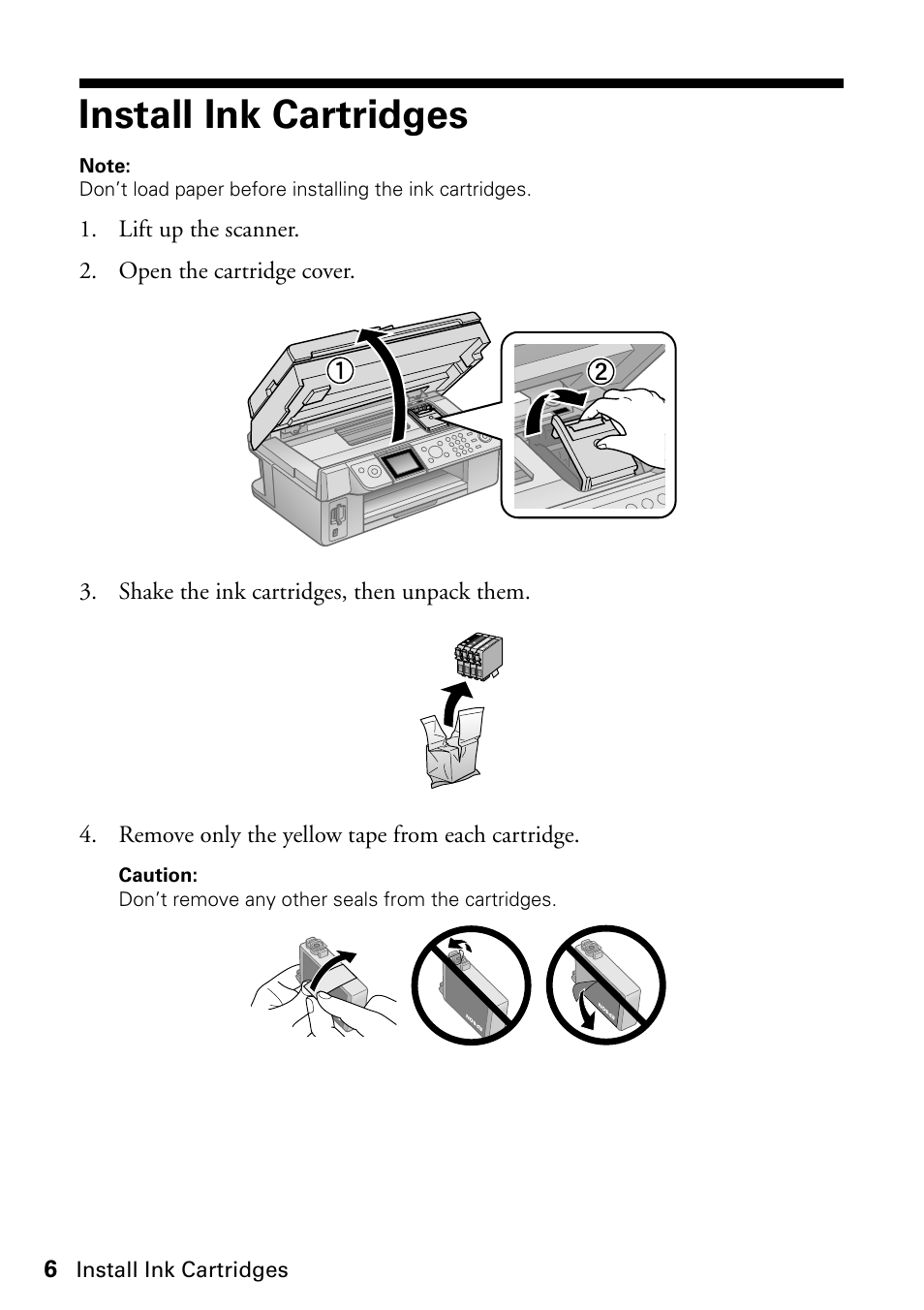 Install ink cartridges | Epson Stylus CX9475Fax User Manual | Page 6 / 24