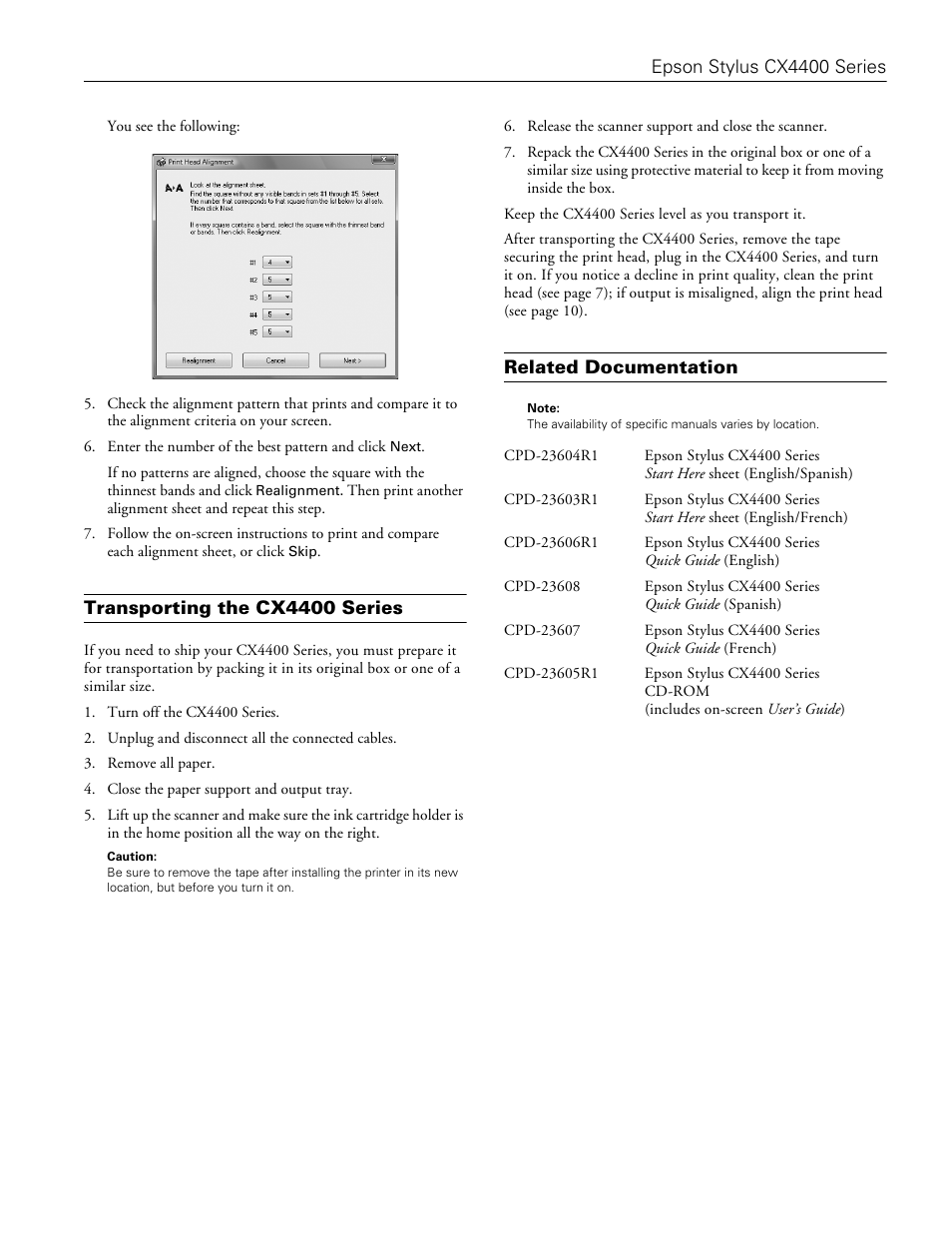 Transporting the cx4400 series, Related documentation | Epson CX4400 User Manual | Page 11 / 12