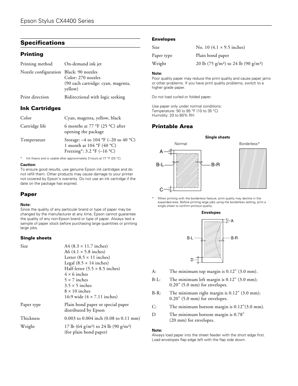 Specifications, Printing, Ink cartridges | Paper, Printable area, Epson stylus cx4400 series | Epson CX4400 User Manual | Page 2 / 12
