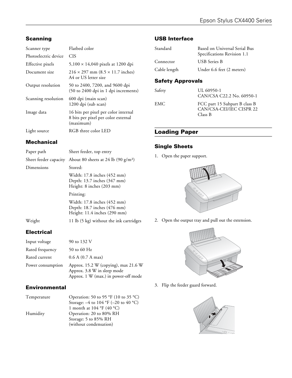 Scanning, Mechanical, Electrical | Environmental, Usb interface, Safety approvals, Loading paper, Single sheets | Epson CX4400 User Manual | Page 3 / 12