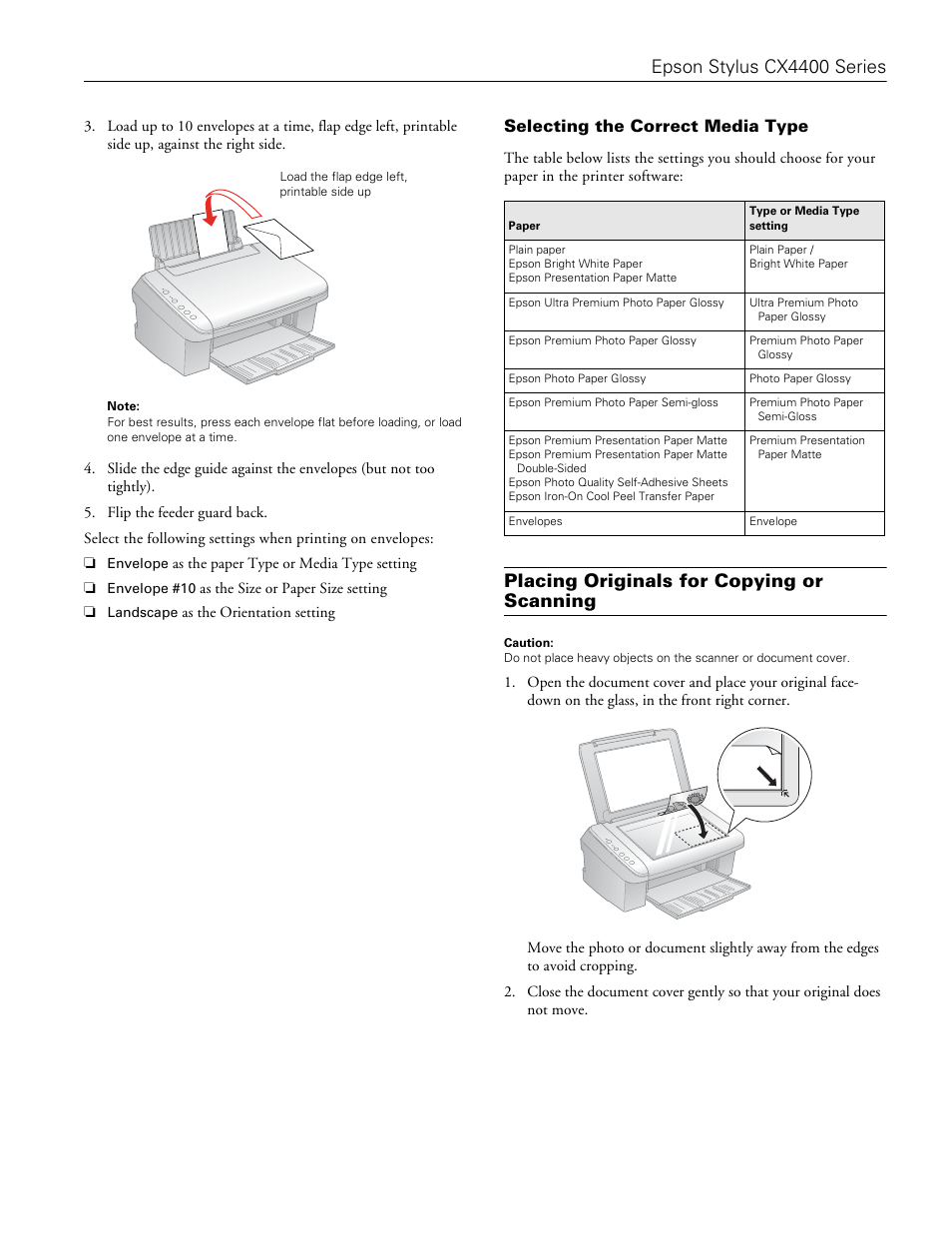 Selecting the correct media type, Placing originals for copying or scanning, Epson stylus cx4400 series | Epson CX4400 User Manual | Page 5 / 12