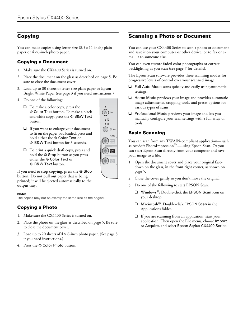 Copying, Copying a document, Copying a photo | Scanning a photo or document, Basic scanning | Epson CX4400 User Manual | Page 6 / 12