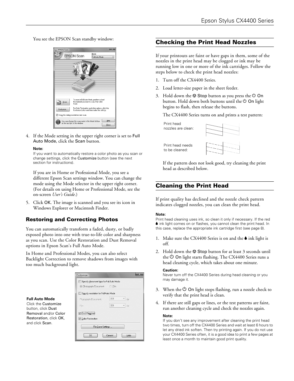 Restoring and correcting photos, Checking the print head nozzles, Cleaning the print head | Epson stylus cx4400 series | Epson CX4400 User Manual | Page 7 / 12