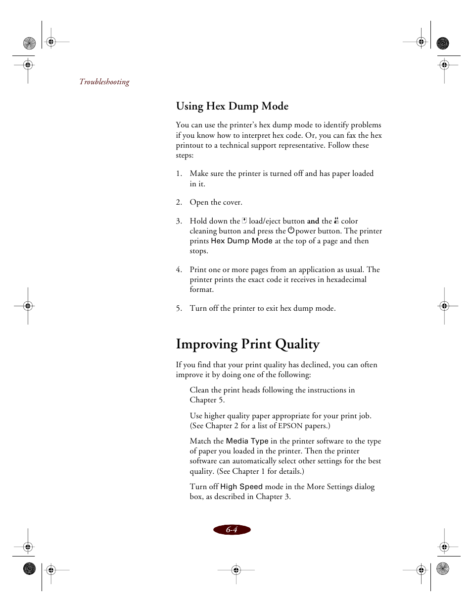 Using hex dump mode, Improving print quality | Epson 850 User Manual | Page 101 / 147