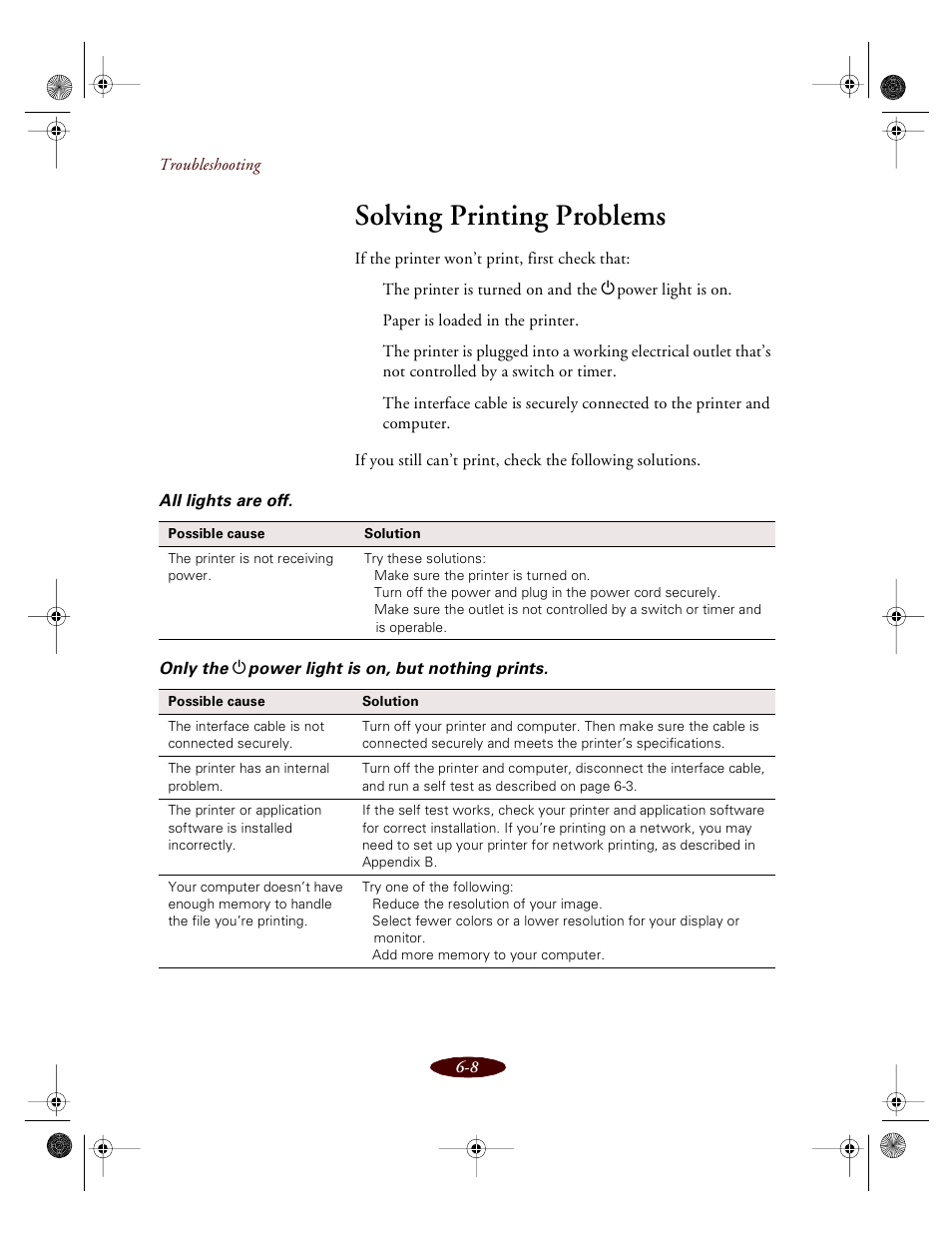 Solving printing problems | Epson 850 User Manual | Page 105 / 147