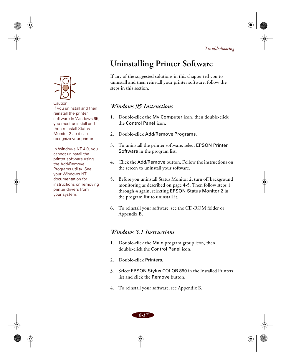 Uninstalling printer software, Windows 95 instructions, Windows 3.1 instructions | Epson 850 User Manual | Page 114 / 147