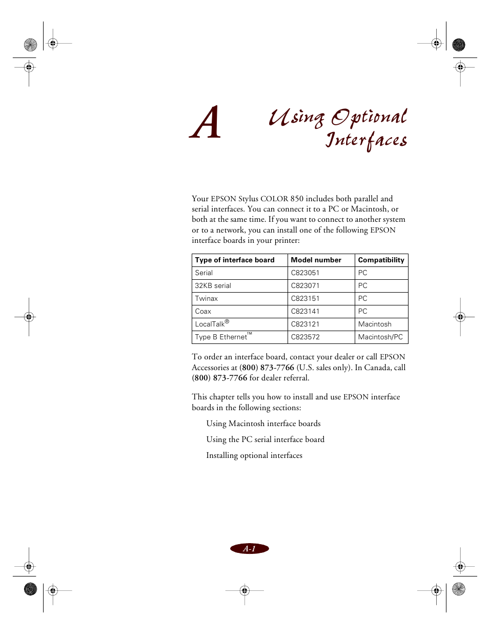 Appendix a-using optional interfaces, Using optional interfaces | Epson 850 User Manual | Page 116 / 147