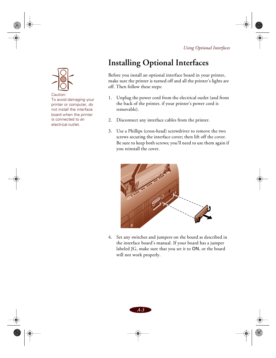 Installing optional interfaces | Epson 850 User Manual | Page 118 / 147