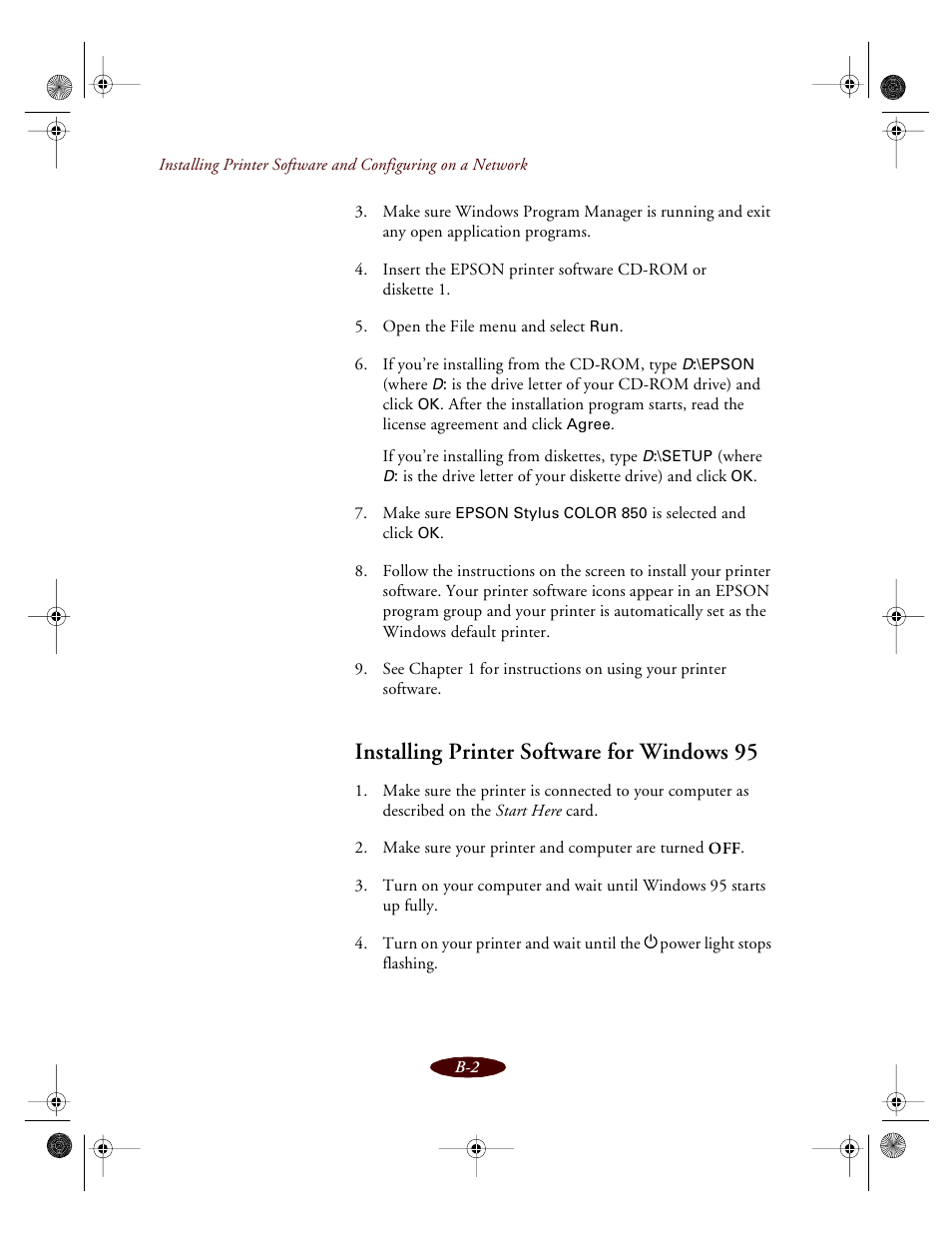 Installing printer software for windows 95 | Epson 850 User Manual | Page 121 / 147