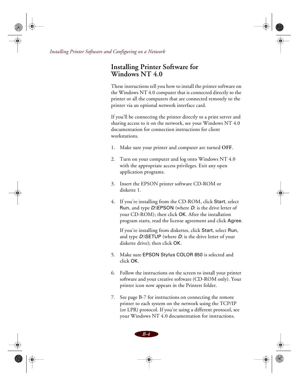 Installing printer software for windows nt 4. 0, Installing printer software for windows nt 4.0 | Epson 850 User Manual | Page 123 / 147