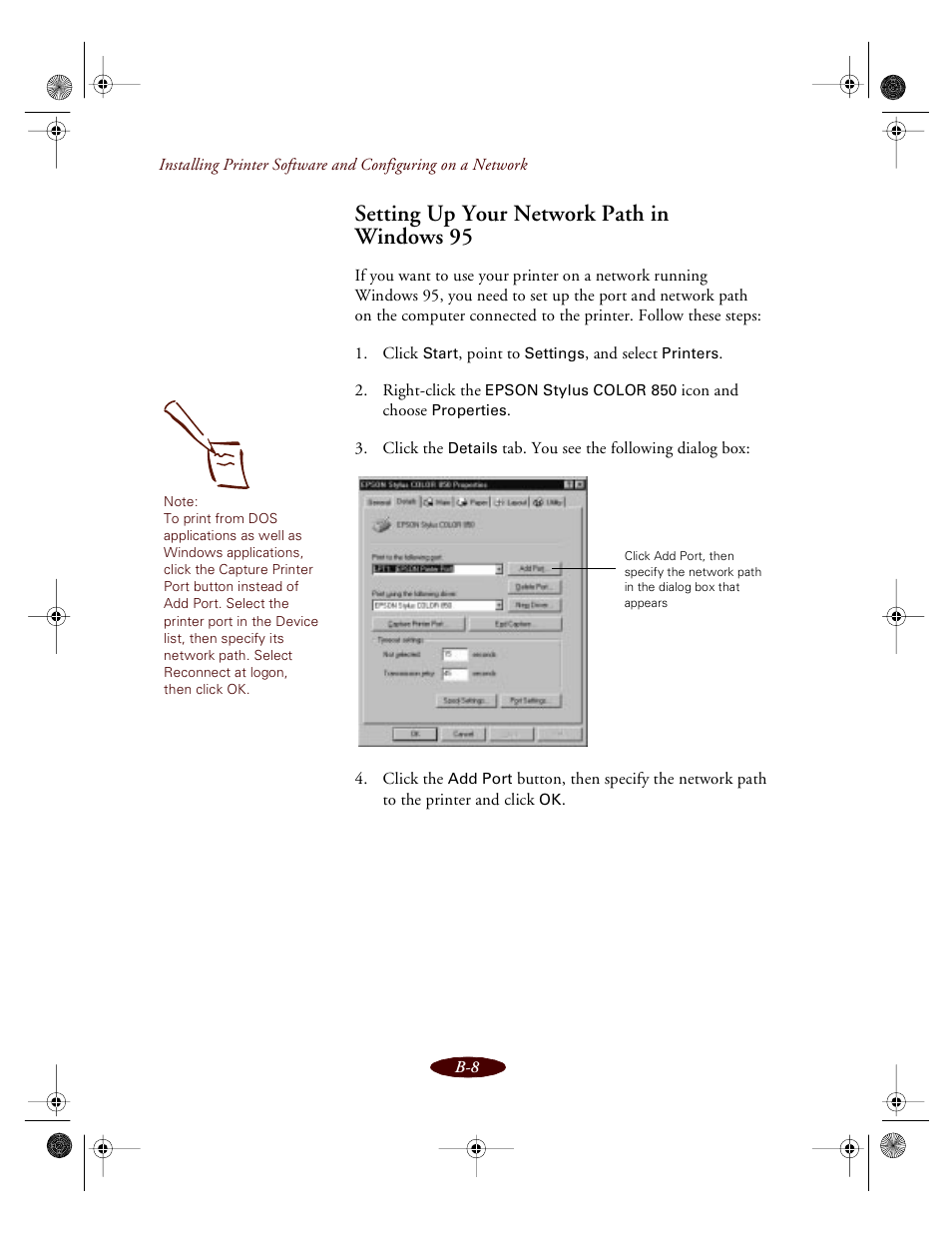 Setting up your network path in windows 95 | Epson 850 User Manual | Page 127 / 147