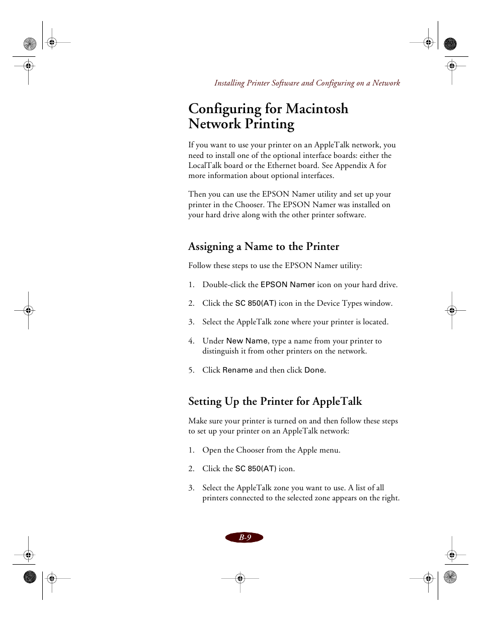 Configuring for macintosh network printing, Assigning a name to the printer, Setting up the printer for appletalk | Epson 850 User Manual | Page 128 / 147