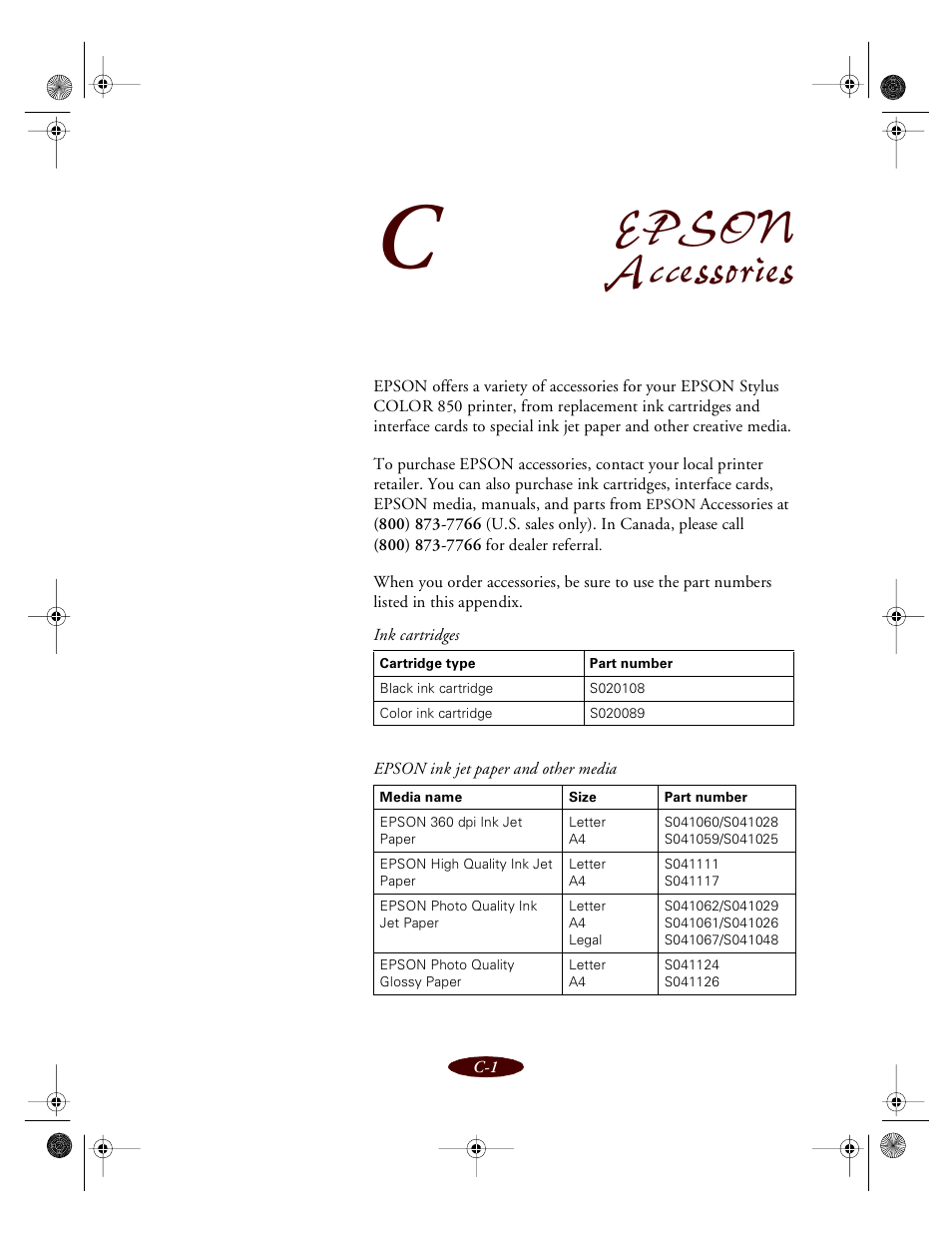 Appendix c-epson accessories, Epson accessories | Epson 850 User Manual | Page 130 / 147